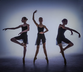 The silhouettes of young ballet dancers posing on a gray background