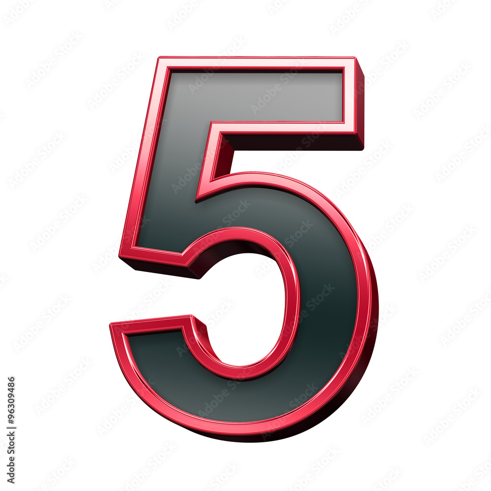 Fototapete One digit from black with red shiny frame alphabet set, isolated on white. Computer generated 3D photo rendering.