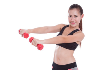 Fototapeta na wymiar Portrait of young woman doing exercise with lifting weights