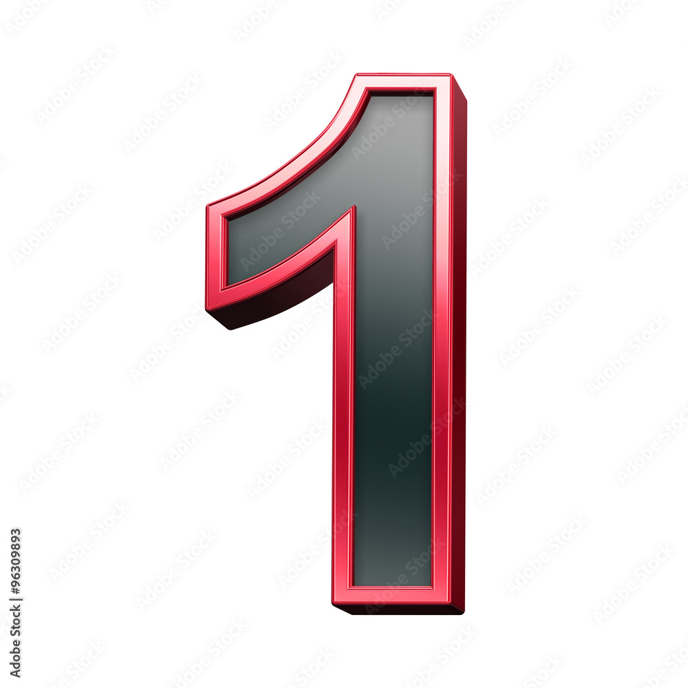 Fototapete one digit from black with red shiny frame alphabet set, isolated on white. computer generated 3d pho