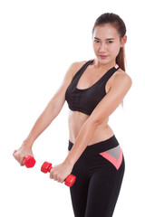 Portrait of young woman doing exercise with lifting weights
