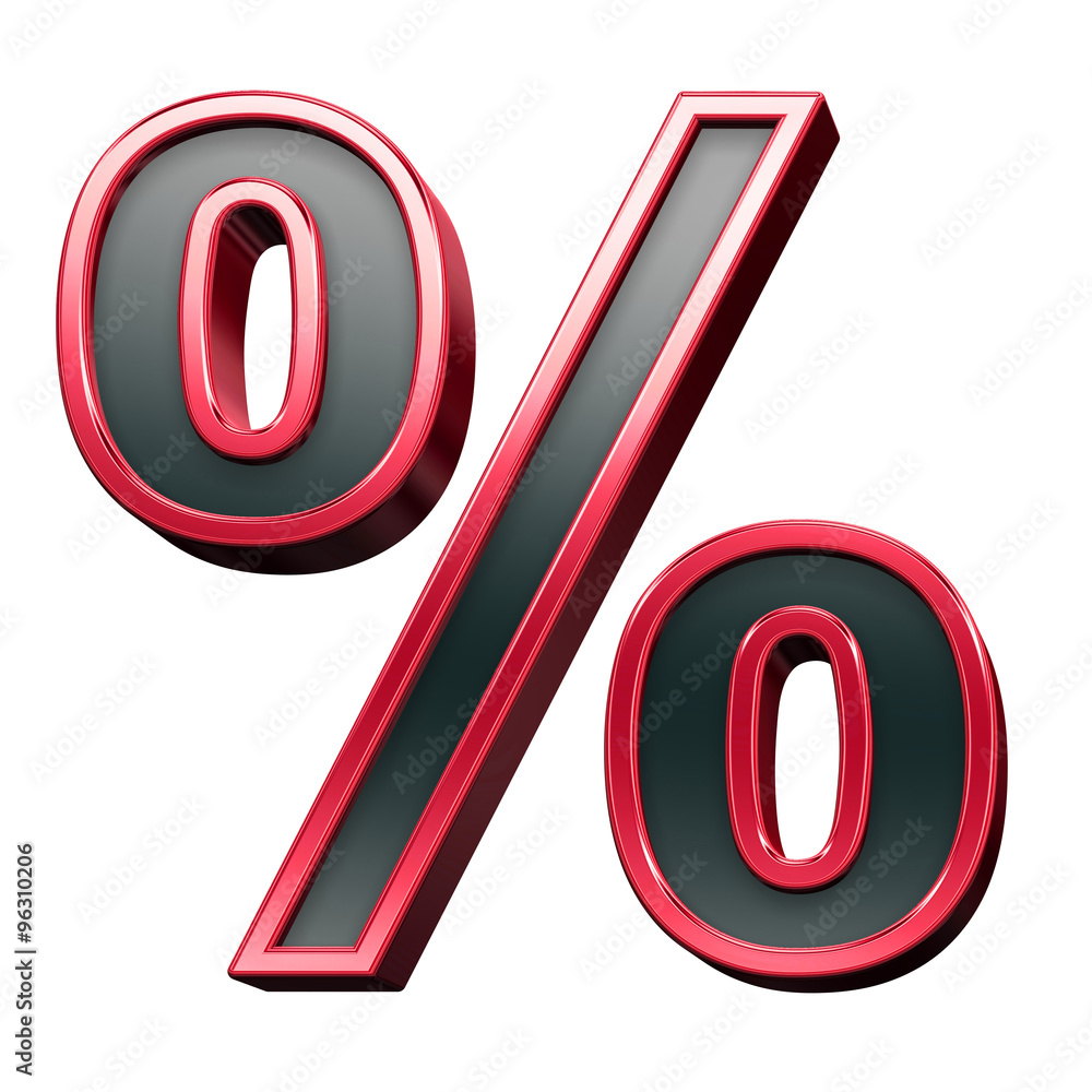 Fototapete percent sign from black with red shiny frame alphabet set, isolated on white. computer generated 3d 