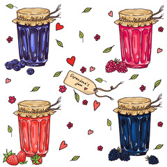 Grandma jam set, strawberry, raspberry,blackberry and blueberry. Hand drawn vector illustration - 96310235