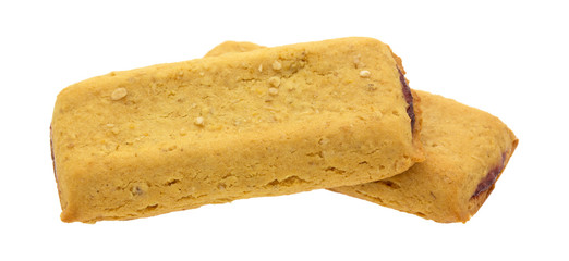 Two strawberry cereal bars on a white background