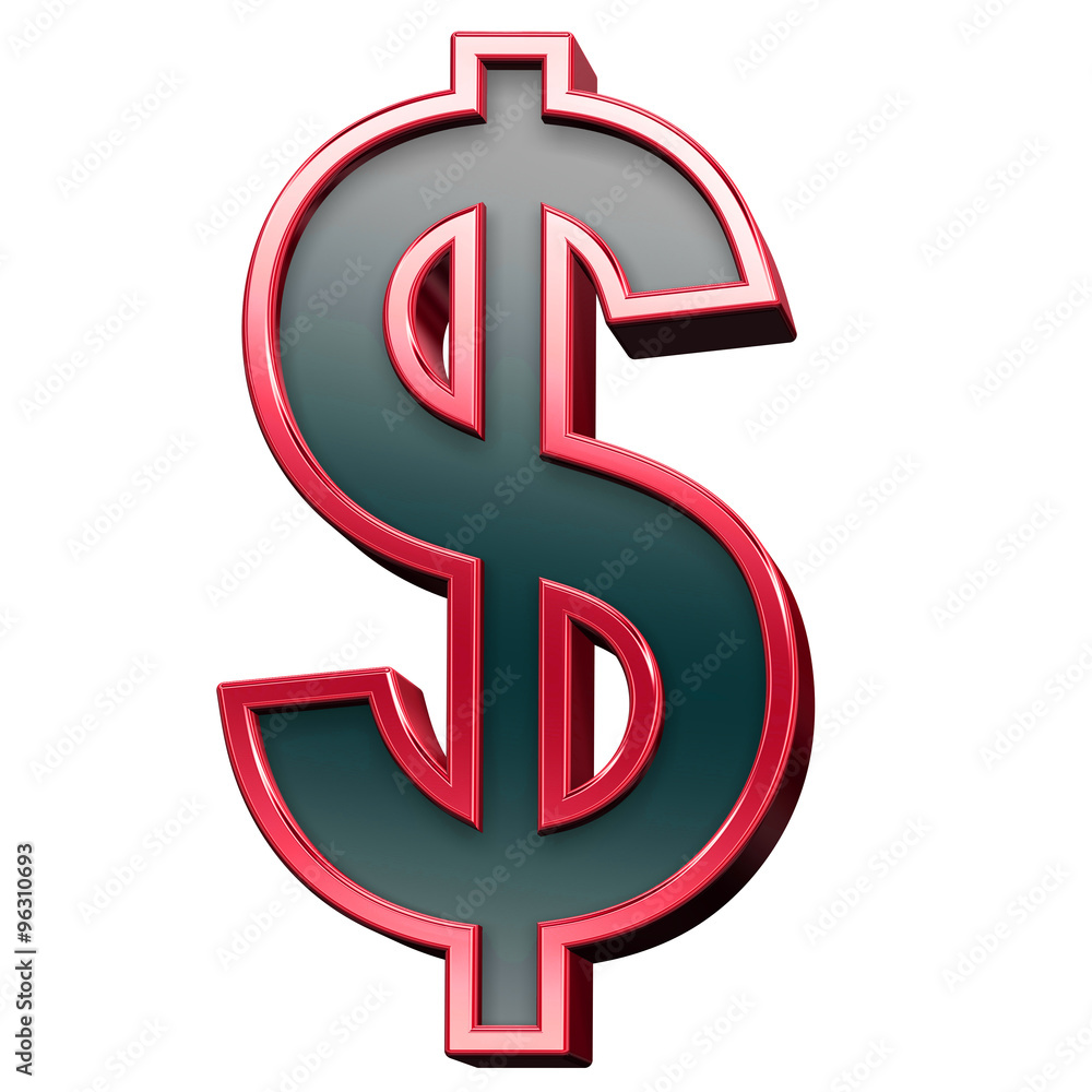 Fototapete dollar sign from black with red shiny frame alphabet set, isolated on white. computer generated 3d p