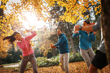 Amidst the colorful autumn leaves, their playful spirits emerge. The friends engage in a friendly leaf-tossing match, filling the air with their infectious laughter and joy.