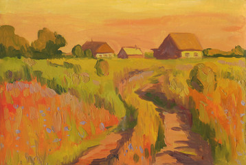 Summer rural landscape with the road to the houses. Oil painting - 96311209