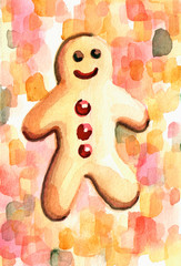 Hand painted illustration of happy gingerbread man