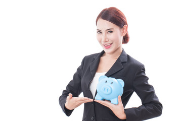 Portrait of business woman holding piggy bank on white background