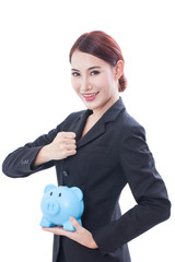 Business woman with piggy bank on white background