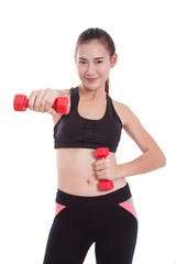 Portrait of young woman doing exercise with lifting weights