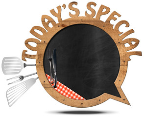 Today's Special - Blackboard Speech Bubble Shaped / Blackboard in the shape of speech bubble with text Today's Special, kitchen utensils and checkered tablecloth. Isolated on white background