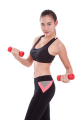 Portrait of young woman doing exercise with lifting weights