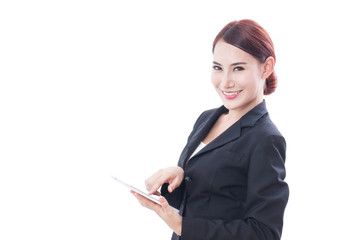 Portrait of young business woman using tablet on white background