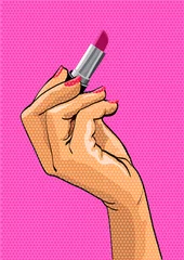 Wall murals Pop Art  Pop art style illustration. Female hand holding lipstick