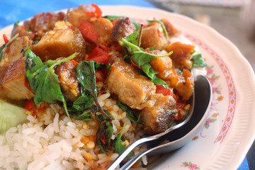 Fried pork and basil with rice