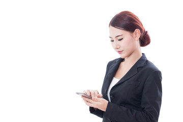 Portrait of young business woman using a mobile phone on white background