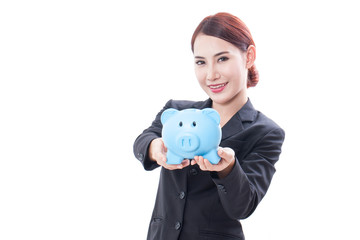 Happy business woman holding piggy bank on white background