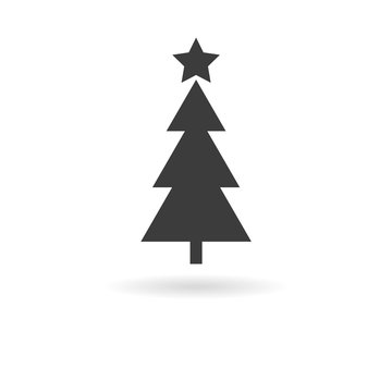Dark grey icon for Christmas tree on white background with shado