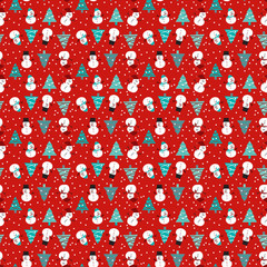 A snowman seamless pattern in red, blue, turquoise and white background for Christmas holiday.