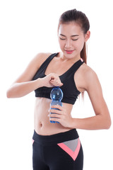 Sport young woman with bottle of water on white background