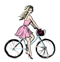 woman in dress on bicycle