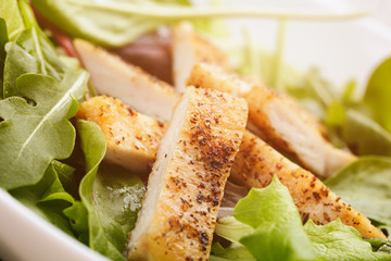 salad from mixed herbs and fried chicken