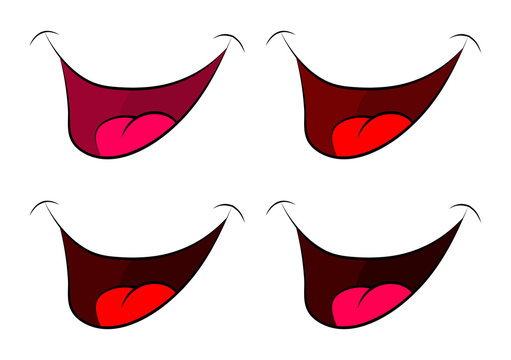Cartoon smile set, mouth, lips with teeth and tongue. vector illustration isolated on white background