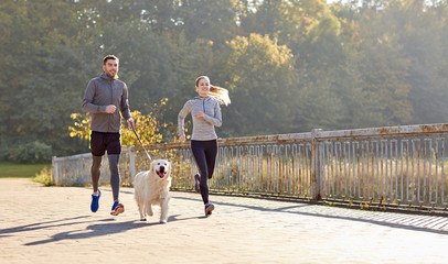 happy couple with dog running outdoors