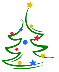 green christmas tree with golden red blue stars balls