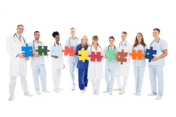 Confident Medical Team Holding Jigsaw Pieces