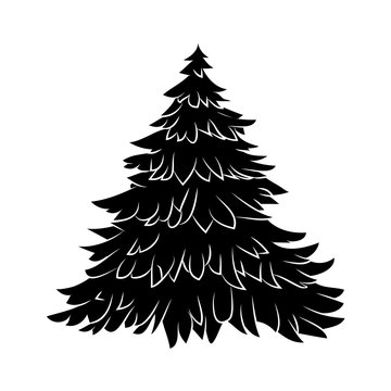 Christmas tree silhouette, cartoon design for card,  icon, symbol. Winter vector illustration isolated on white background.