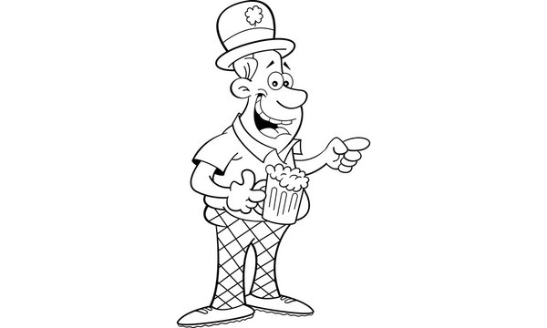 black and white leprechaun holding beer pointing