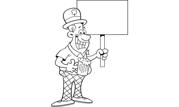 Black and white illustration of a man wearing a derby and holding a sign.