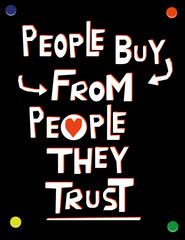 Fototapeta na wymiar Hand drawn text in white and red on a black wall poster with the words People Buy From People They Trust