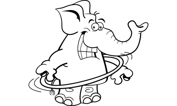recommend clip art: Black and white illustration of an elephant using a hula hoop.