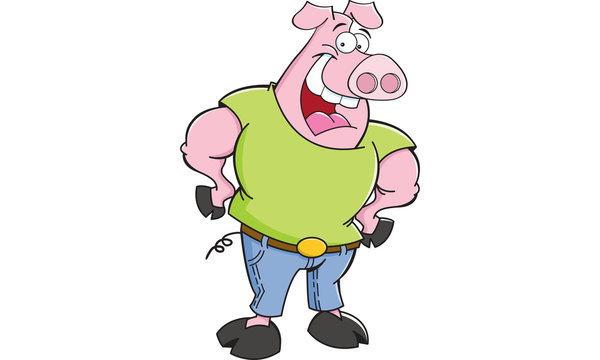 Cartoon illustration of a pig wearing a T shirt and jeans.