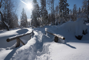 Fototapeta na wymiar Mountain trail covered with snow and large snowdrifts