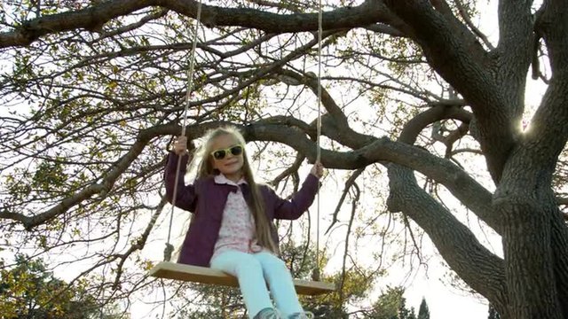 Portrait of a girl on a swing under a tree. Child looking at camera and smiling