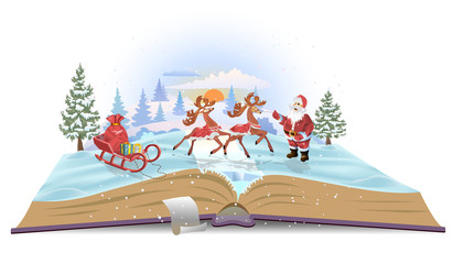 Open book Santa Claus with sledge and deers