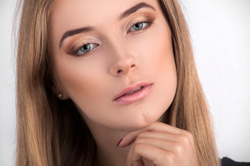 Obraz premium Beautiful Face of Young Woman with Clean Fresh Skin close up isolated