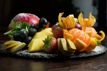 Beautifully decorated catering banquet table with different fruits