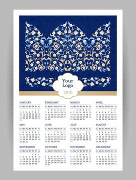 Vector Calendar for 2016 with illustration in Eastern Style.