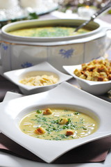 Homemade Creamy Potato and Leek Soup, Festive table