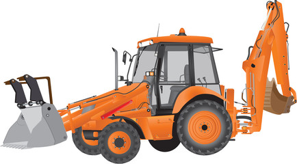 An Orange Bucket Excavator and Backhoe isolated on white