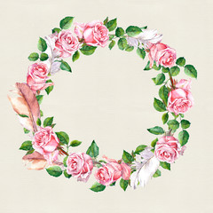 Rose flower wreath with feathers. Floral circle border. Watercolour 