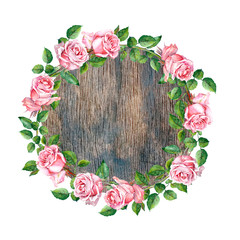 Rose flower wreath on wood background. Floral circle border. Watercolor 
