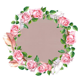 Rose flower wreath with feathers. Floral circle border. Water colour 