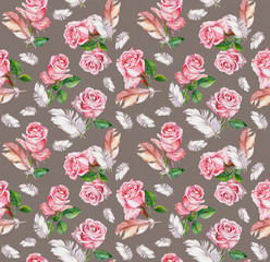 Seamless floral pattern with pink rose flowers and feathers. Watercolor 