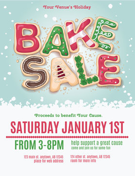 Christmas Holiday Bake Sale Flyer Template With Hand Drawn Cookie Letters